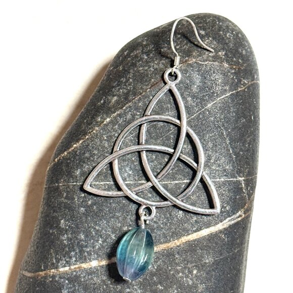 2/$20, Genuine Rainbow Fluorite Celtic Trinity Sterling Silver Dangle Earrings - Picture 5 of 10